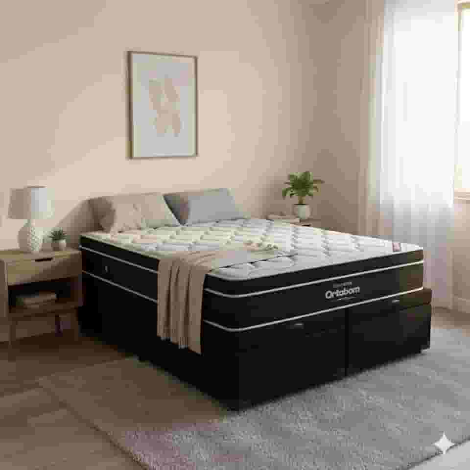Cama Box Baú King Size Bipartido Suede + Colchão de Molas Ensacadas Elegant - 1.92x2.03 (Preto)