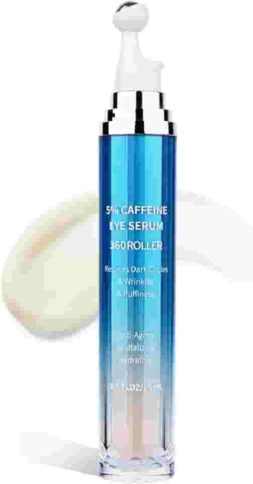 VRAIKO Sérum para os olhos para olheiras e inchaço, 5% de cafeína 8% retinol creme sob os olhos com aplicador de rolo 3D embutido, peptídeo de ácido hialurônico para hidratação linhas finas rugas, 15