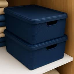 Kit Caixas Organizadoras com Tampa 15L – Plástico Resistente para Armário, Banheiro e Escritório | Empilhável e Durável(Azul Marinho 2 Peças)