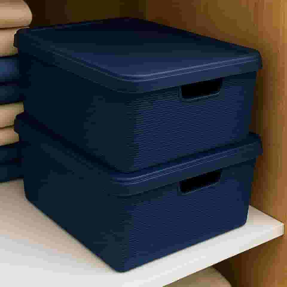 Kit Caixas Organizadoras com Tampa 15L – Plástico Resistente para Armário, Banheiro e Escritório | Empilhável e Durável(Azul Marinho 2 Peças)
