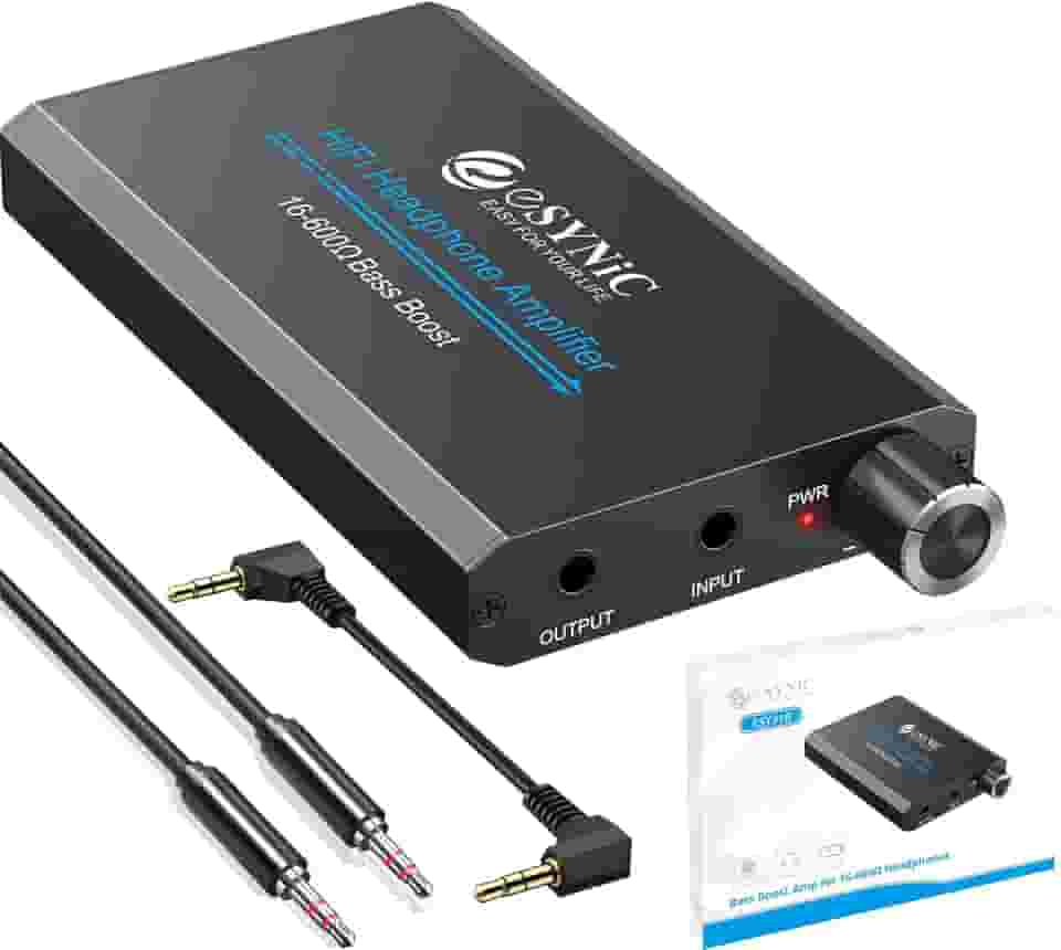 eSynic Amplificador de fone de ouvido de graves 16-600Ω portátil - Amplificador de fone de ouvido de áudio HiFi de 3,5 mm recarregável com interruptor de graves - capa de liga de alumínio e 12H
