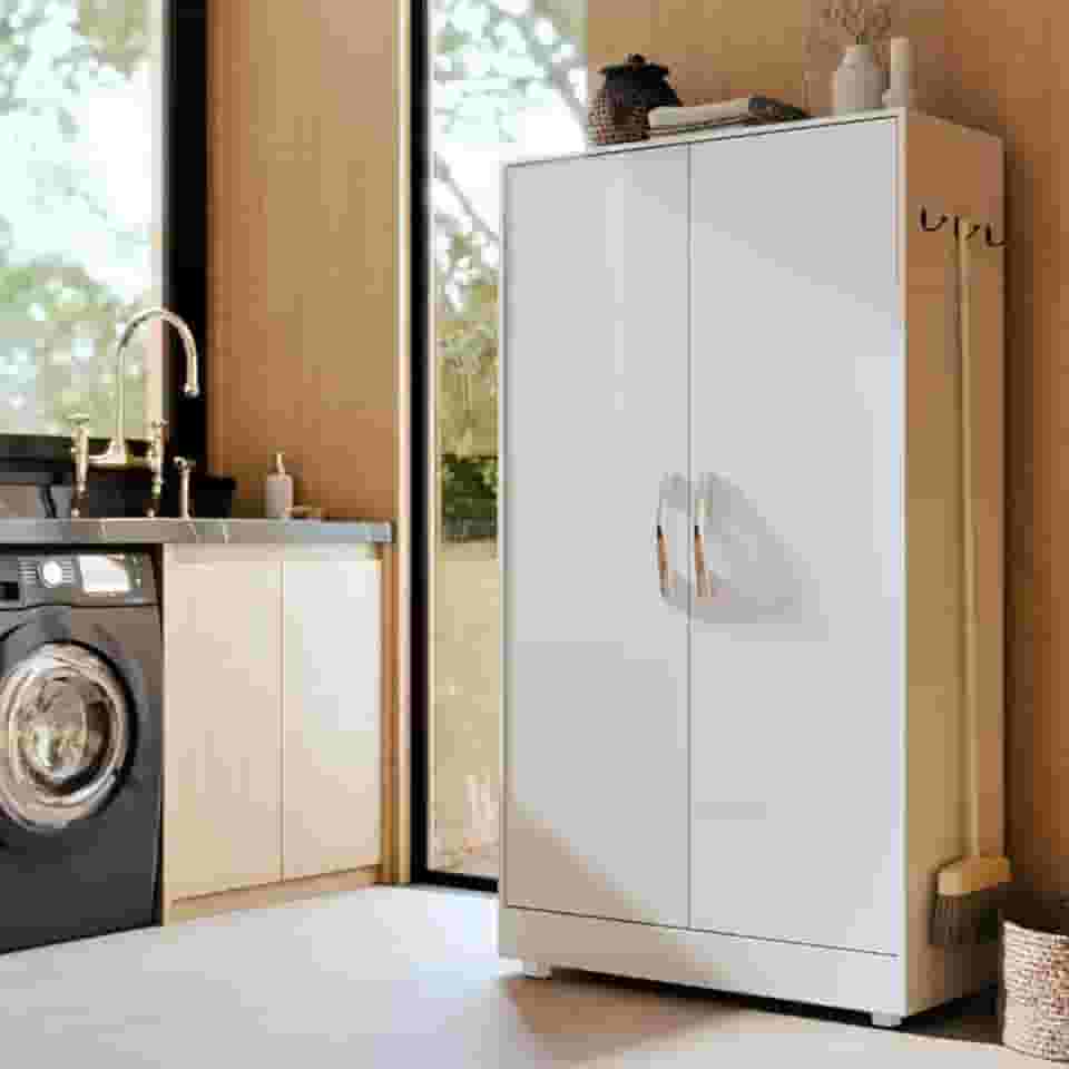 Armário Multiuso de Lavanderia com 2 Portas Multifuncional Design Moderno (Branco)