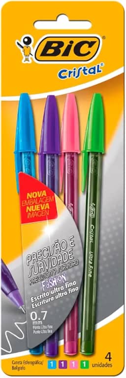 Caneta Esferográfica BIC Cristal Fashion Precisão e Suavidade, 4 Cores, Ponta Ultra Fina, 0.7mm, 902482, 1 unidade