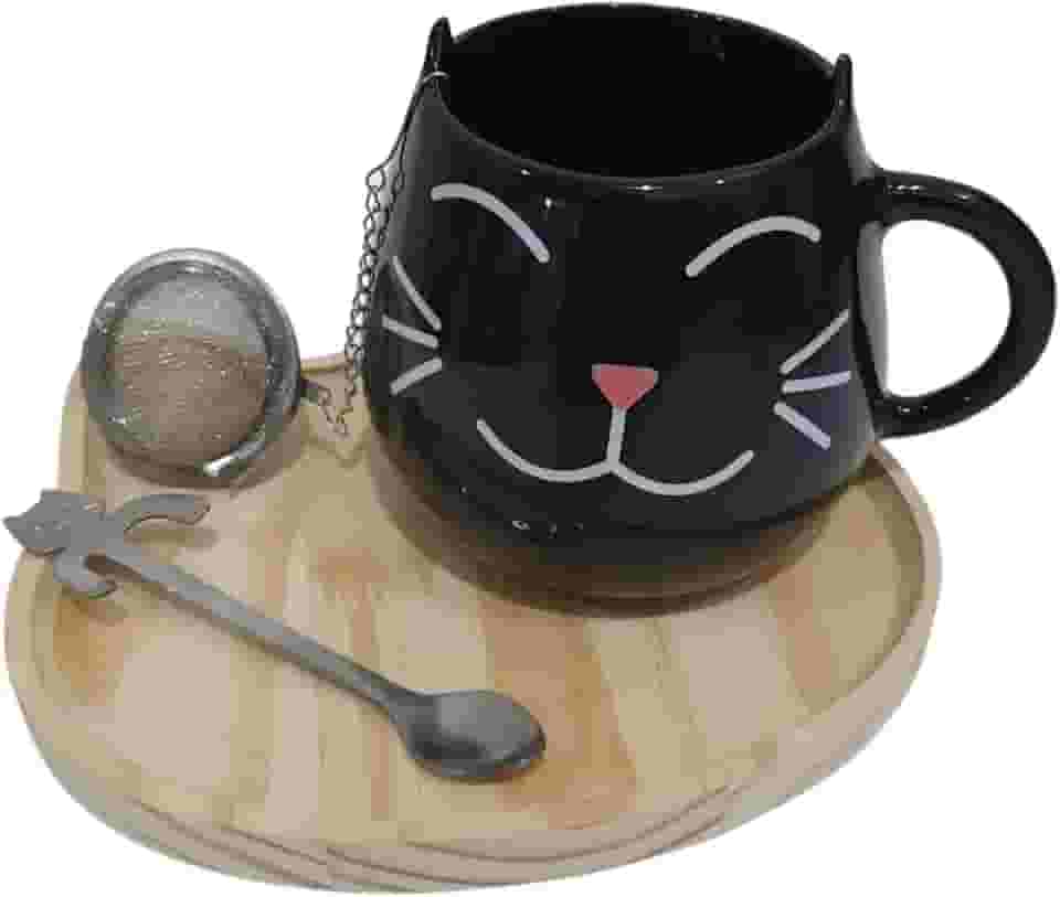 Kit Caneca De Chá Com Infusor E Colher Patinha Gato Gatinho (Preta)