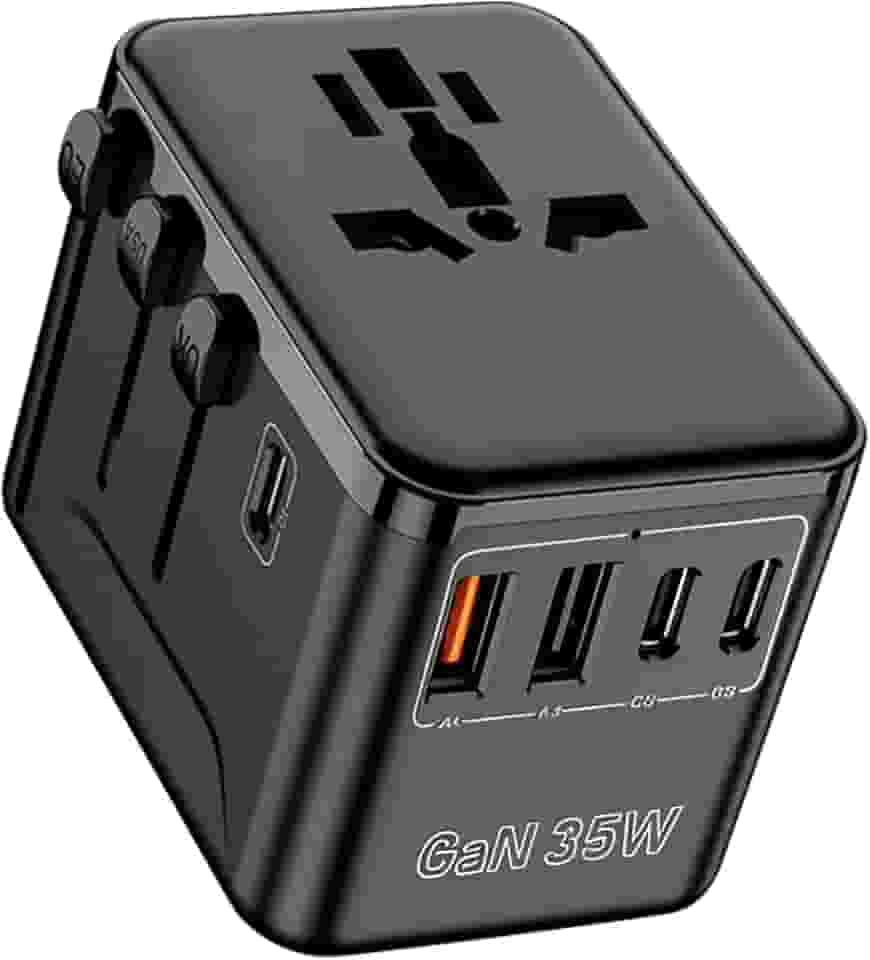 Carregador de Viagem Universal com 3 USB-C + 2 USB-A, Adaptador para 180+ Países, 35W, Preto - Compatível com PD/QC/PPS, 6 Dispositivos Simultâneos