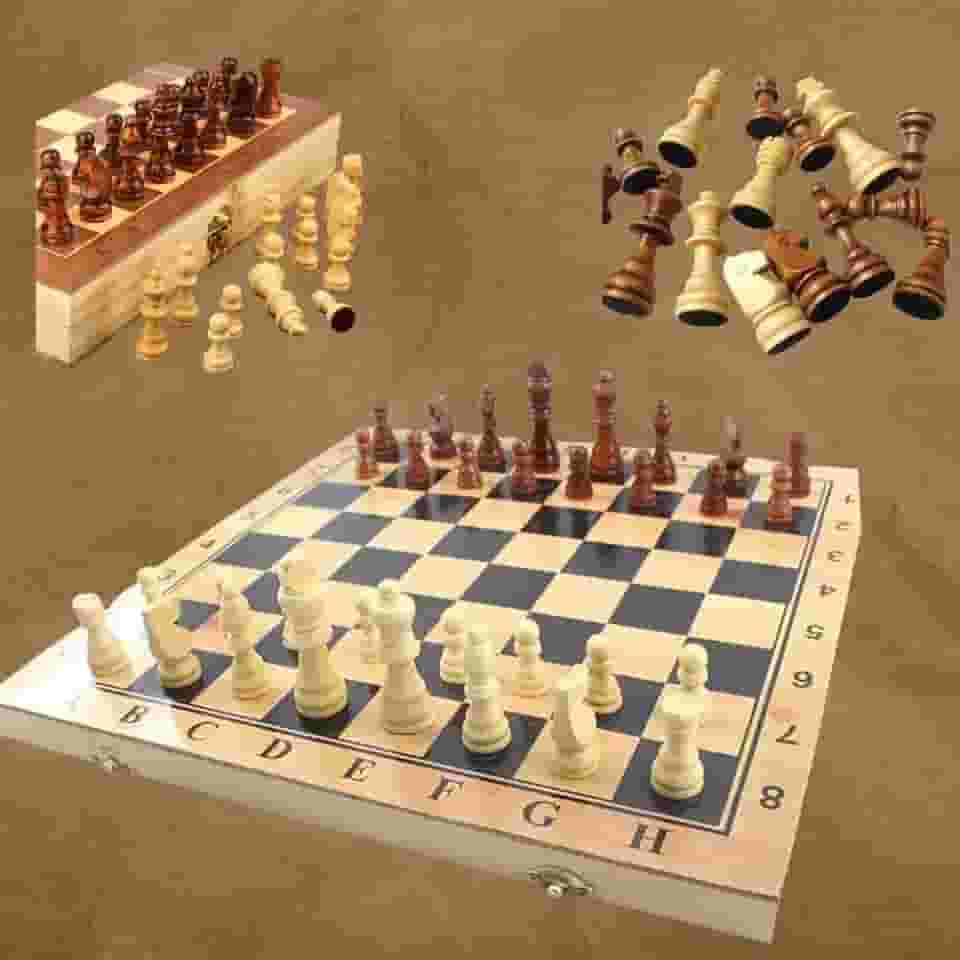 Jogo de Xadrez 3 em 1 de Luxo, Tabuleiro em Madeira Verniz 35X35cm de Damas e Gamão Magnético, Peças Magnéticas Resistentes