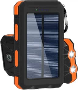 Carregador Portátil Power Bank Solar 10000mAh Resistente, Impermeável e à Prova de Poeira com Lanterna LED Ideal para Trilhas, Acampamentos e Aventureiros ao Ar Livre (Laranja)