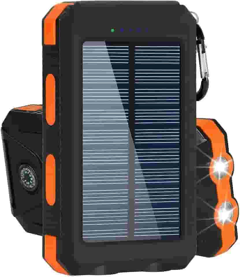 Carregador Portátil Power Bank Solar 10000mAh Resistente, Impermeável e à Prova de Poeira com Lanterna LED Ideal para Trilhas, Acampamentos e Aventureiros ao Ar Livre (Laranja)
