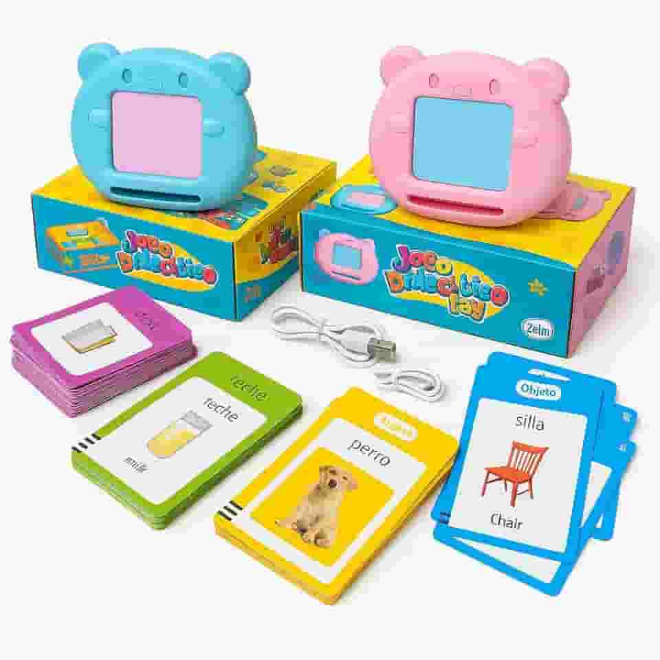 Brinquedo Educativo Bilíngue Infantil: Aprenda Inglês e Espanhol com Cartas Interativas e Sons - Ideal para Crianças de 1 a 5 Anos - Certificado INMETRO - COR: ROSA