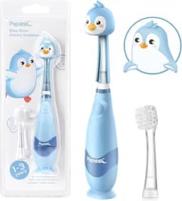 Papablic Escova de dentes elétrica infantil sônica infantil para crianças de 1 a 3 anos, escova de dentes elétrica para bebês com capa fofa de pinguim e temporizador de LED inteligente, 2 cabeças de