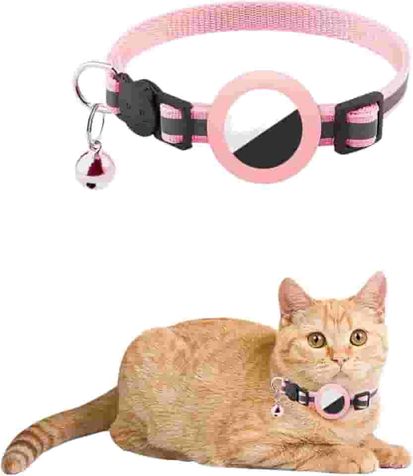 Coleira Cachorro Gato Reflexiva Ajustavel com Case Capa Rastreador GPS Airtag (Rosa)