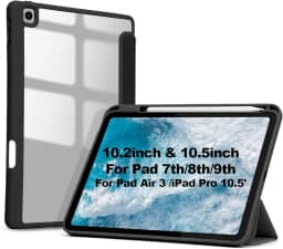 Capa para iPad 7a, 8a e 9a Geração 10.2″, iPad Air 3, iPad pro 10.5″ Case Rígida de Suporte Fino com Despertar/Sono Automático (Preto-10.2)