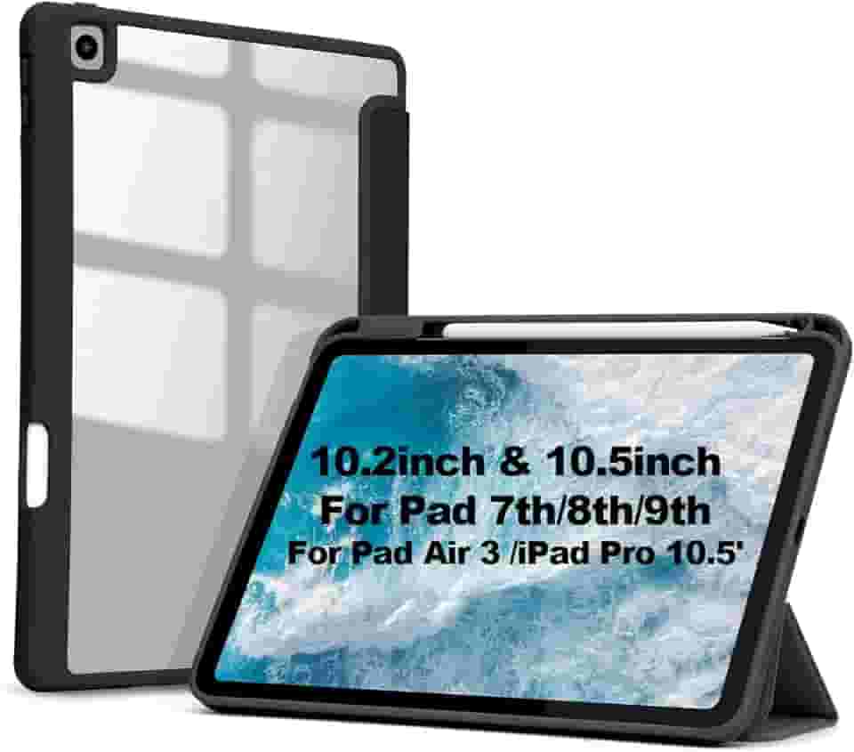 Capa para iPad 7a, 8a e 9a Geração 10.2″, iPad Air 3, iPad pro 10.5″ Case Rígida de Suporte Fino com Despertar/Sono Automático (Preto-10.2)