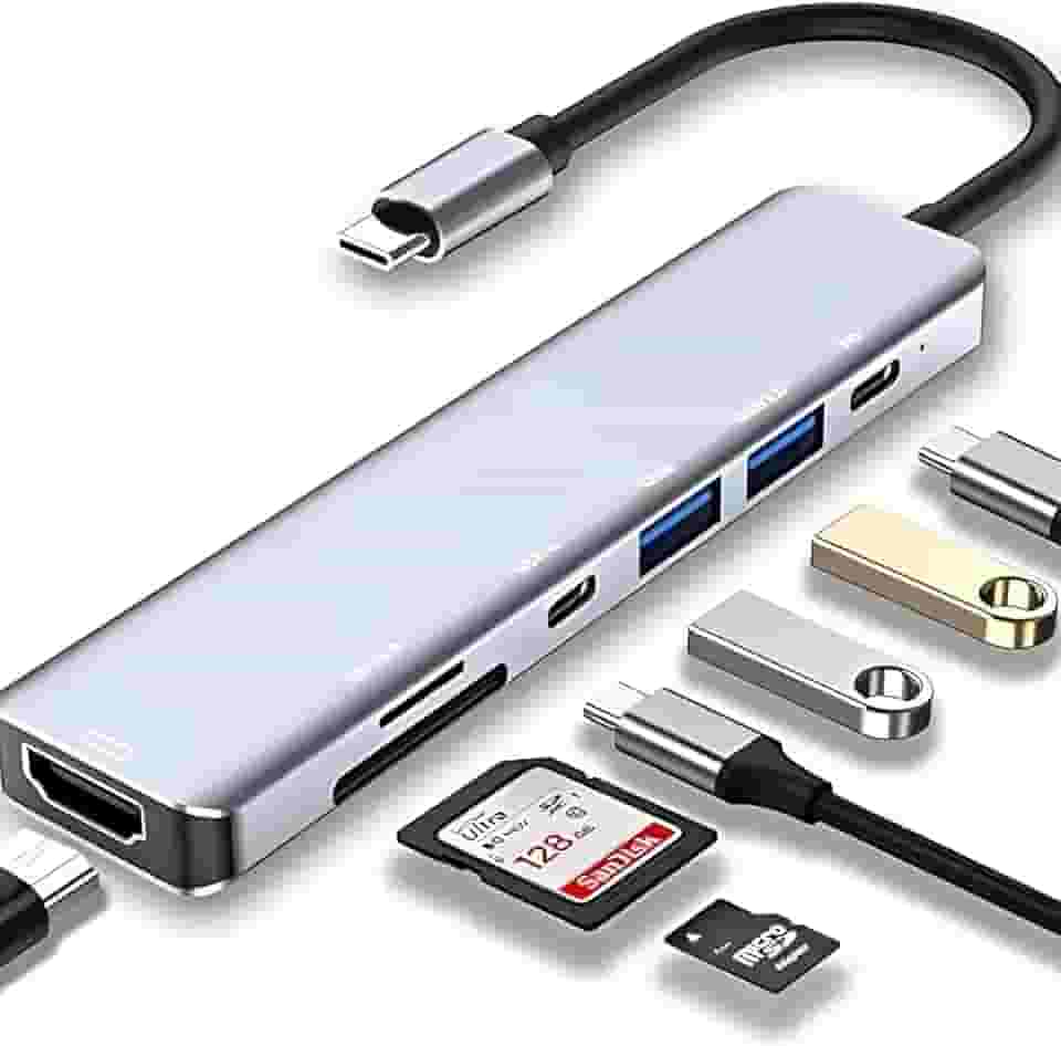 Adaptador Hub 7 em 1 USB-C Premium com Saída HDMI 4K a 60Hz, 7 Portas, USB 3.0, Leitor de Cartão SD, Fonte de Alimentação Tipo C, Carregamento Rápido Multiportas