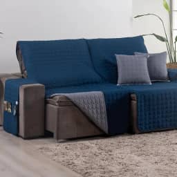 Capa para Sofá Retrátil 4 Lugares Tamanho King 2,40m 400 Fios + 2 Capa de Almofada | Protetor de Sofá Retrátil com Bolso (Marinho/Cinza)