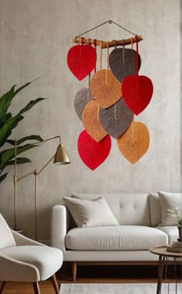 Decoração de Parede em Macramê, Folhas em Vermelho, Cinza e Laranja, Artesanal, para Sala de Estar
