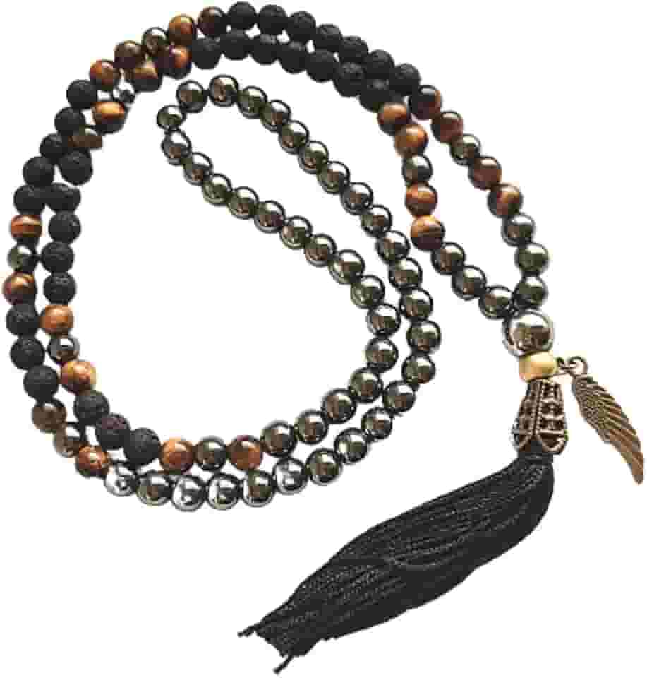 JAPAMALA 108 CONTAS EM PEDRAS NATURAIS OLHO DE TIGRE, LAVA VULCÂNICA E HEMATITA