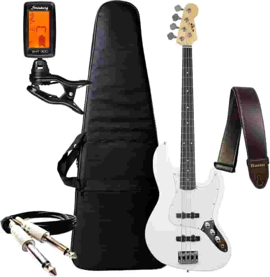Kit Contra Baixo Bravo 4 Cordas Bb100 Passivo Jazz Bass + Acessórios (White)