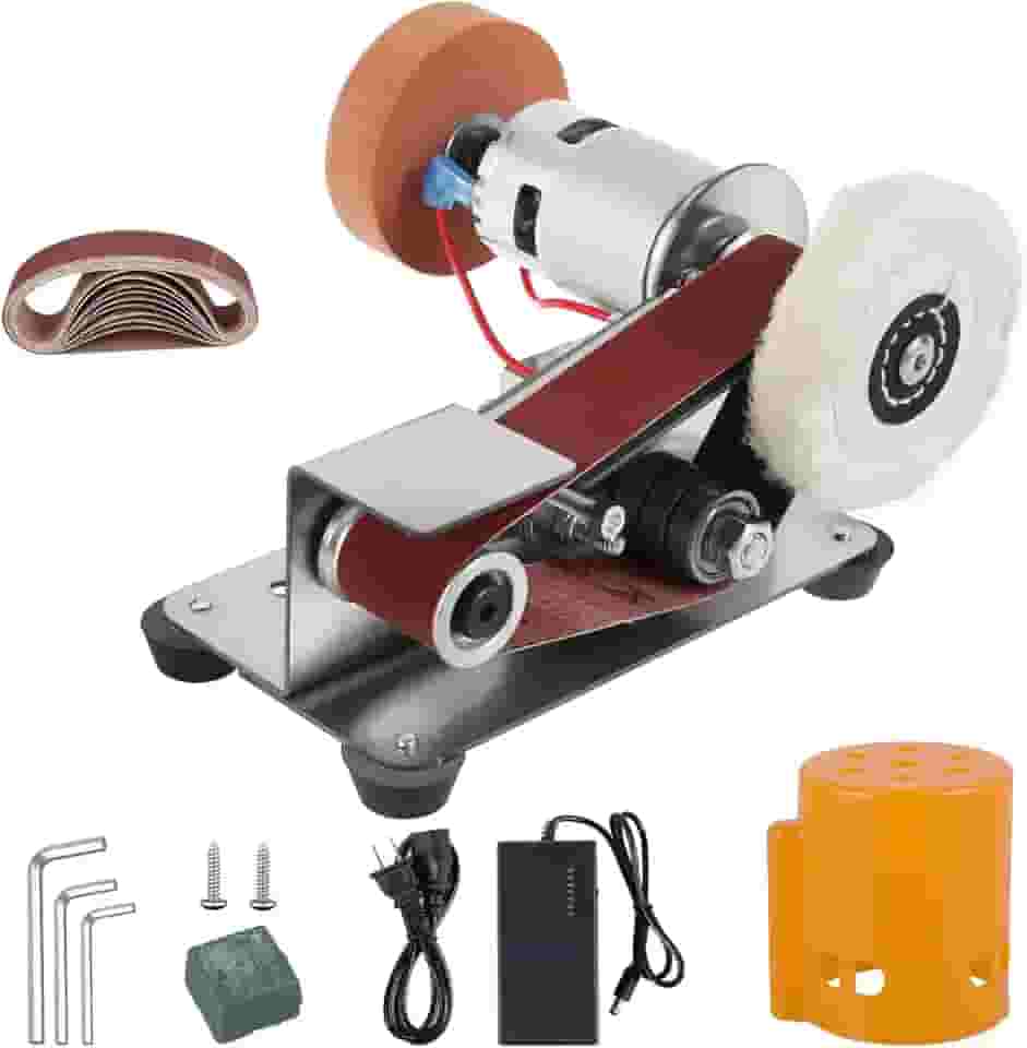 Mini lixadeira de cinto, moedor elétrico de bancada, lixadeira com 7 velocidades ajustáveis, afiador de facas de 15 graus para trabalhos em madeira, metal, facas, fabricação de joias
