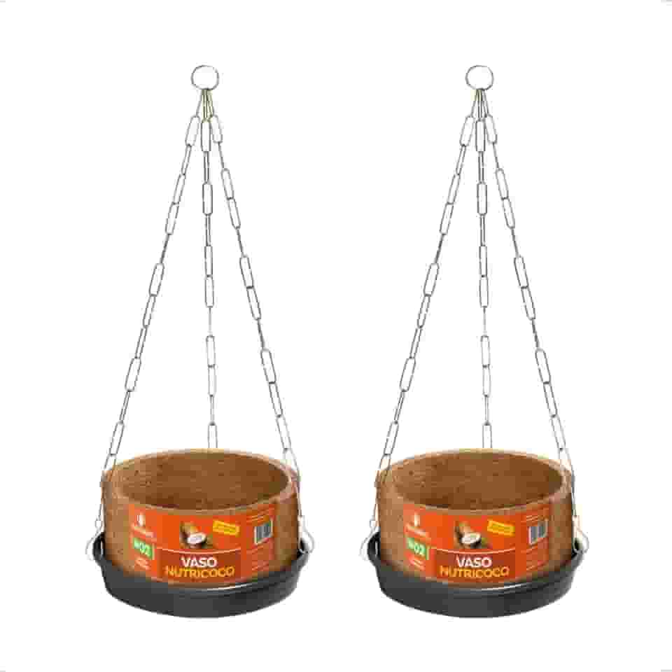 Kit 2 Vaso Planta Completo Fibra Coco Pendurar Prato Corrente N2 Médio Samambaia Orgânico Nutriplan