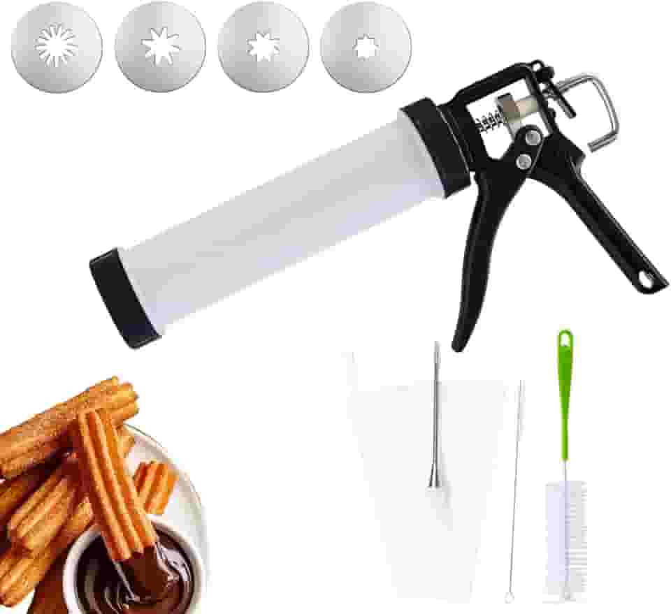 Kit de máquina Churro Maker, Churreras manuais para churros com saco de confeitar e pontas, grande capacidade para 2 xícaras, fácil de pressionar, 4 discos de aço inoxidável espessos, 2