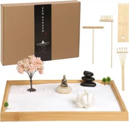 Jardim Zen para mesa de 28 x 19 cm, arte de areia feita à mão com bandeja, conjunto de presente japonês, mini jardim zen com árvore de bonsai, decoração de sala de escritório em casa, kit de terapia