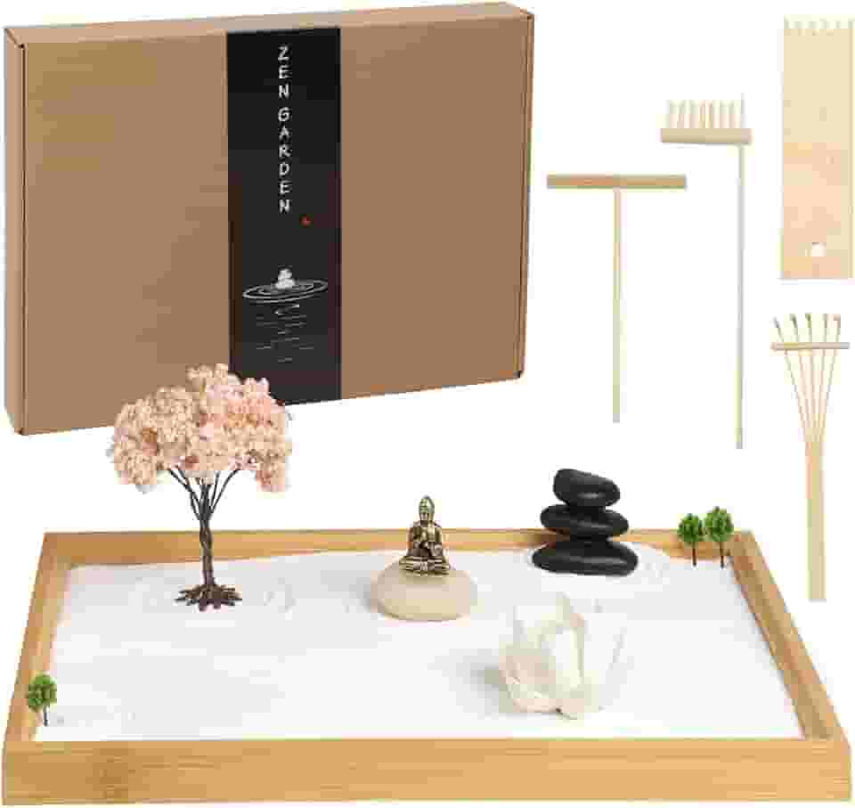 Jardim Zen para mesa de 28 x 19 cm, arte de areia feita à mão com bandeja, conjunto de presente japonês, mini jardim zen com árvore de bonsai, decoração de sala de escritório em casa, kit de terapia