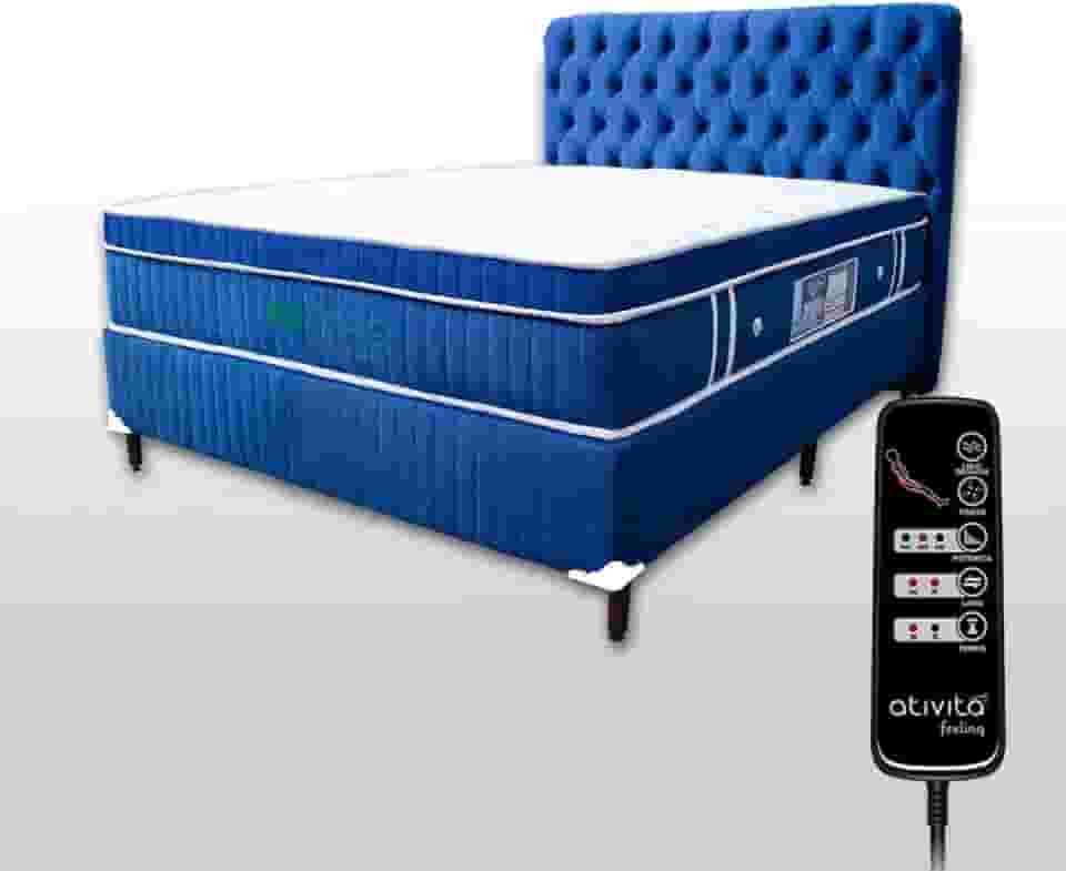 Colchão Massagem Queen (1,58x1,98) SLIM (extra firme) Com Controle Operacional + Box Bipartida + Cabeceira (Azul)