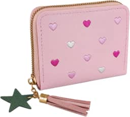 Carteira Feminina com Bordado de Corações - Zíper Dourado e Pingente Estrela com Tassel, Porta-Cartões Compacto e Versátil para Dia a Dia e Viagens