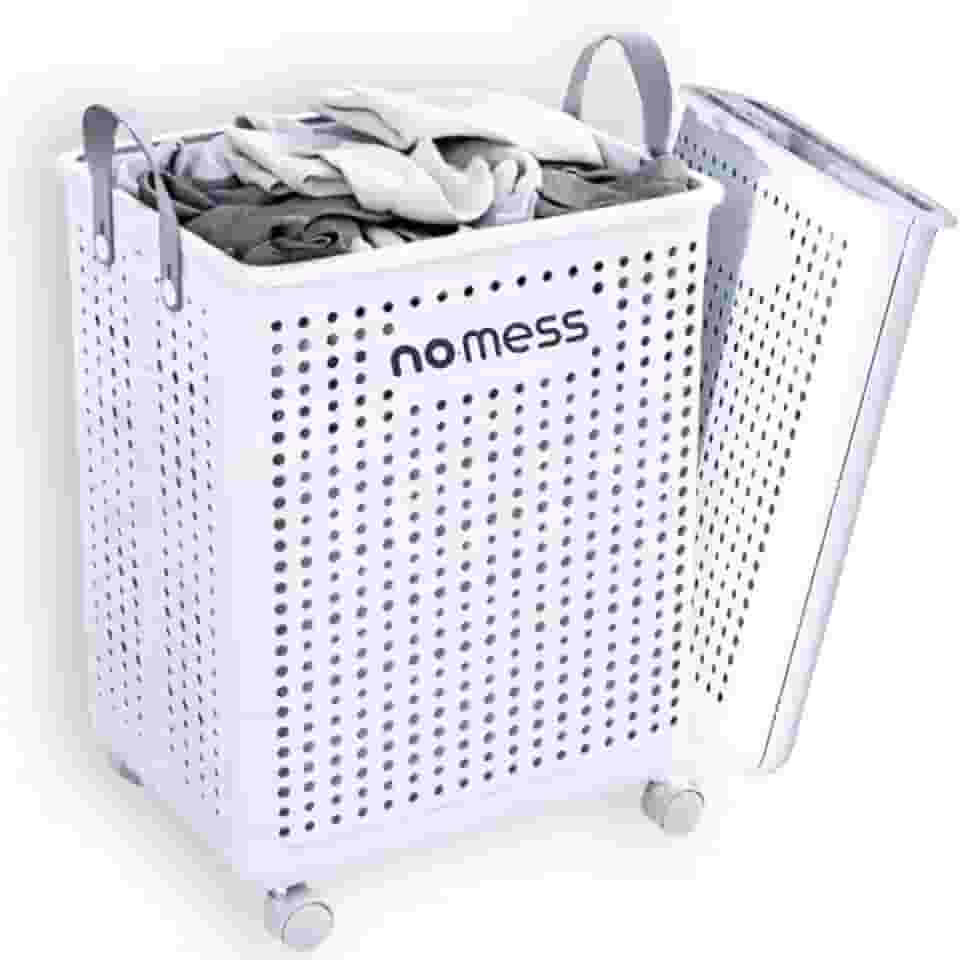 No Mess - Cesto De Roupa Grande Dobrável Com Rodas E Alças - Organizador De Roupas E Brinquedos Resistente e Retrátil Para Quarto E Banheiro. Cor branco.