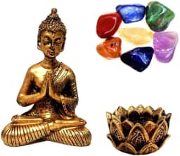 Combo Buda Zen com Castiçal e Pedras dos Chakras – Decoração Energética e Meditação + E-book Guia dos Cristais Mandala de Luz