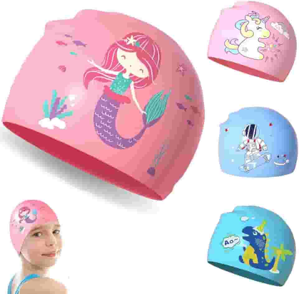 Touca de Natação Infantil em Silicone, Impermeável, Desenhos Divertidos, Rosa e Azul