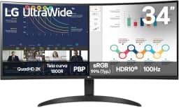 Monitor LG UltraWide™ Curvo – Tela VA de 34”, 21:9, WQHD, sRGB 99%, HDR10, 100Hz, 5ms (GTG), PBP - 34WR50QK-B