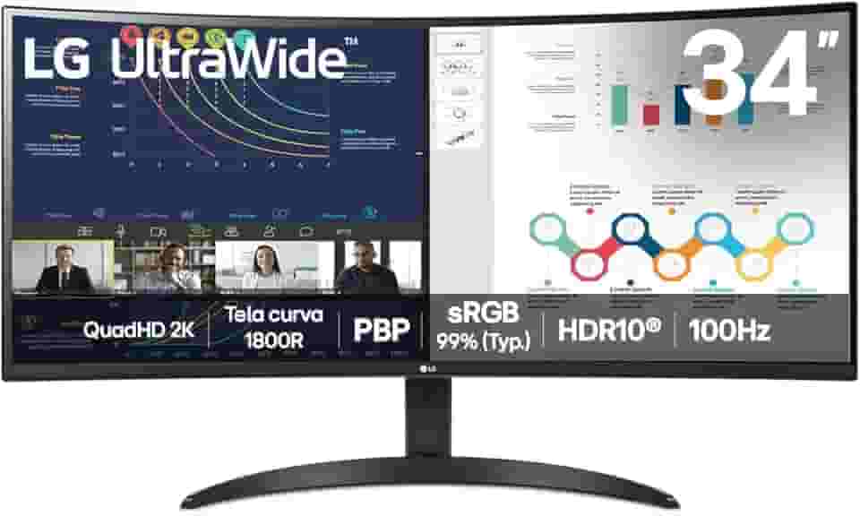 Monitor LG UltraWide™ Curvo – Tela VA de 34”, 21:9, WQHD, sRGB 99%, HDR10, 100Hz, 5ms (GTG), PBP - 34WR50QK-B