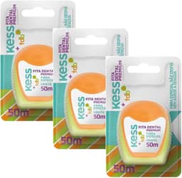 Kit Com 3 Fita Dental Kess Premium | 50m | Sabor Menta | Fibra Especial