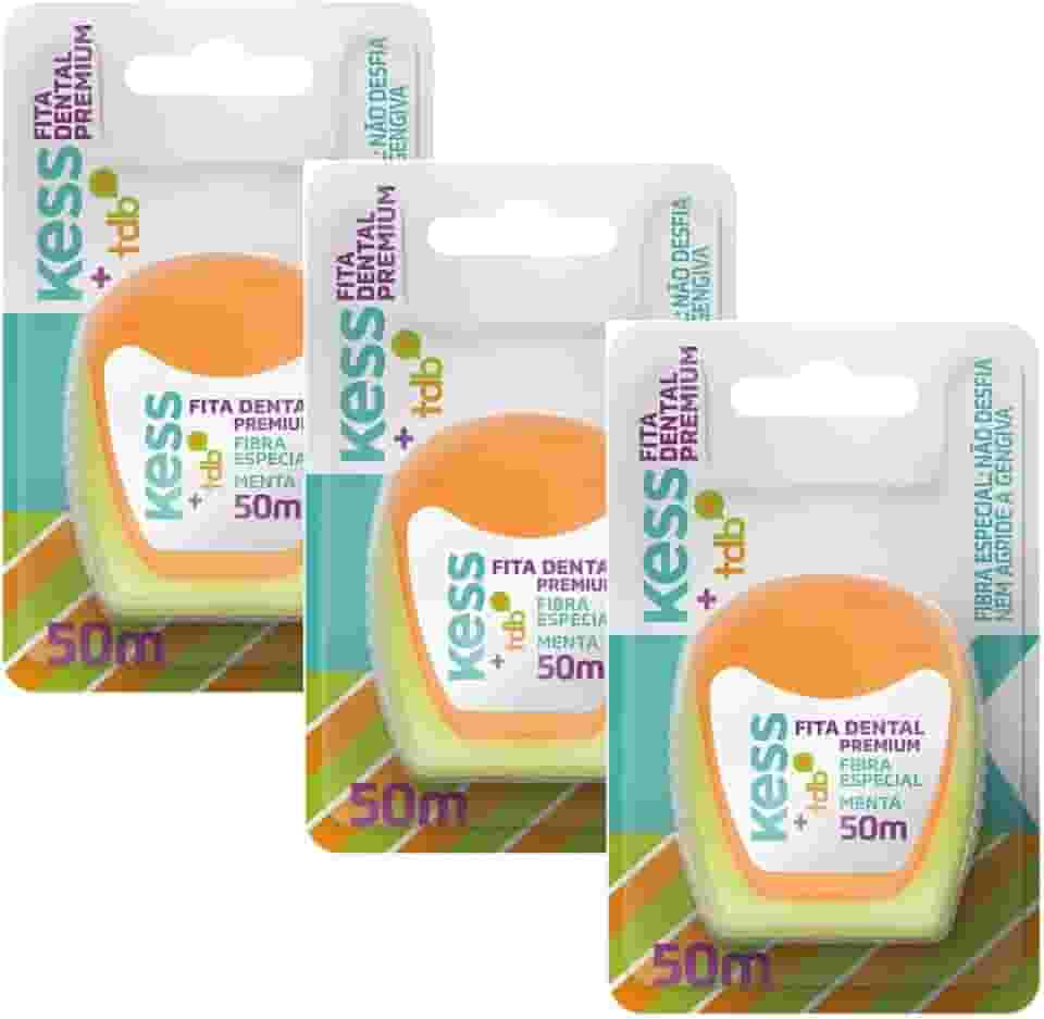 Kit Com 3 Fita Dental Kess Premium | 50m | Sabor Menta | Fibra Especial