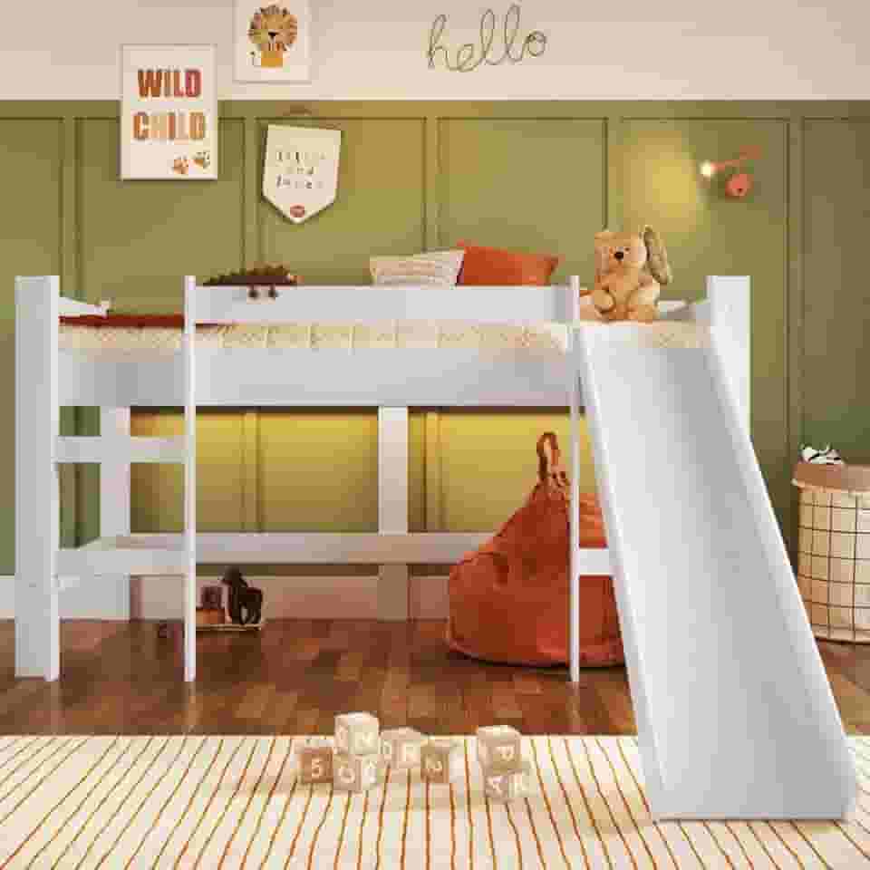 Cama Elevada com Escorregador Completa Móveis Branco