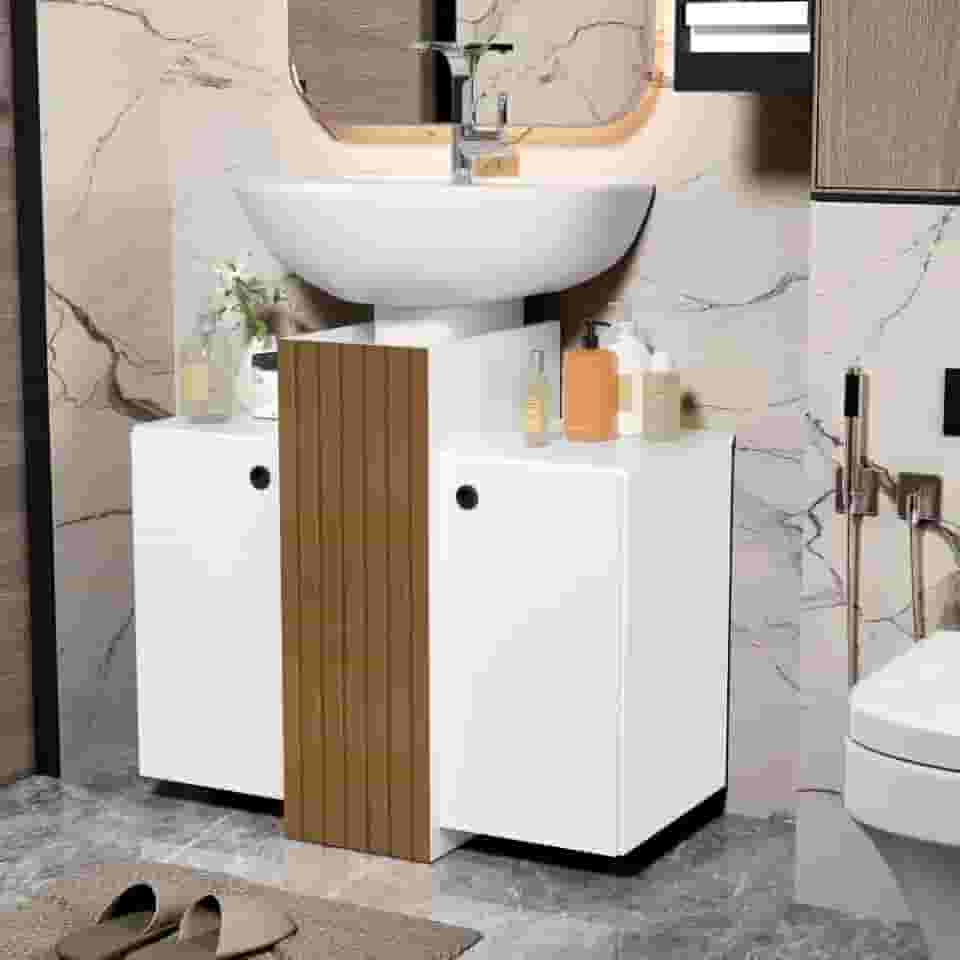 Gabinete Armário Banheiro Pia De Coluna 2 Portas Demeter (Branco/Ripa)