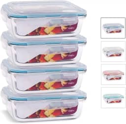 KIT 4 Potes de Vidro Retangular com Tampa Hermética 1040ml Cor:Azul (QH)