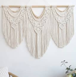 Achart Decoração de parede de macramê grande - decoração de parede boho - arte de parede grande - decoração de parede sala de estar - tapeçaria de macramê decoração boho para quarto (conta de madeira)