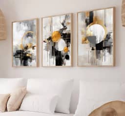 Kit 3 Quadros Circulos Dourados e Preto Cinza Moderno Decoração Casa Sala e Quarto (60x40cm, Carvalho)
