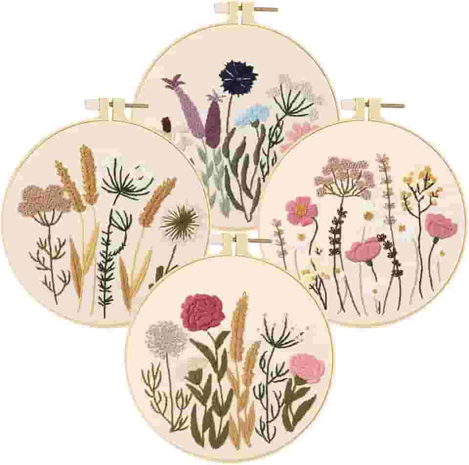 Huacan Conjunto de 4 kits de bordado de Natal para iniciantes para decoração de casa, inclui aro de tecido (flor) (flor)