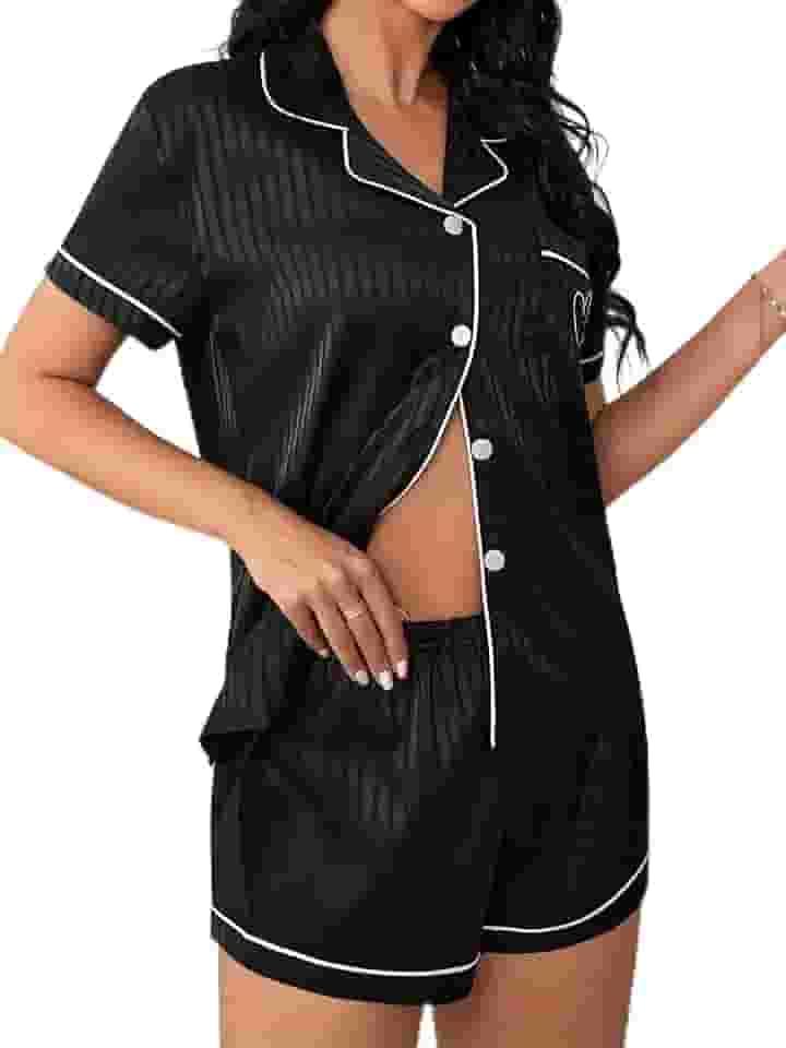Conjunto de pijama feminino, 2 peças, cetim de seda, preto, abotoado, manga curta, roupa de dormir