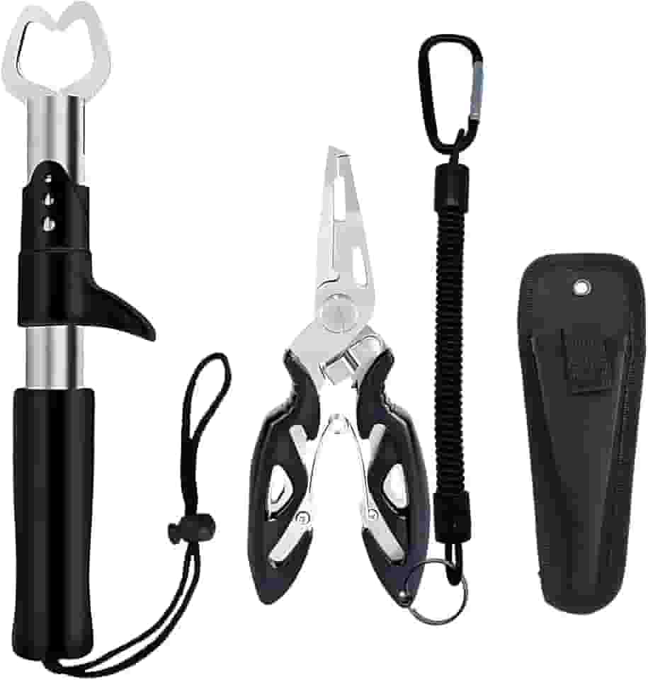 Beectfwerf Alicate de pesca, alicate de anel dividido, kit grande de ferramentas de pesca em água salgada com alça de borracha, linha de cordão, cortador e bainha de removedor de anzol