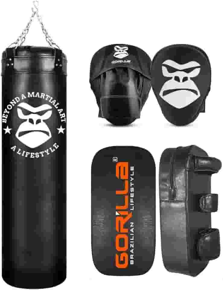 Kit Luta Completo Aparador Chute + Manopla Foco Soco + Saco Pancada Boxe Muay Thai 120 Cm Gorilla