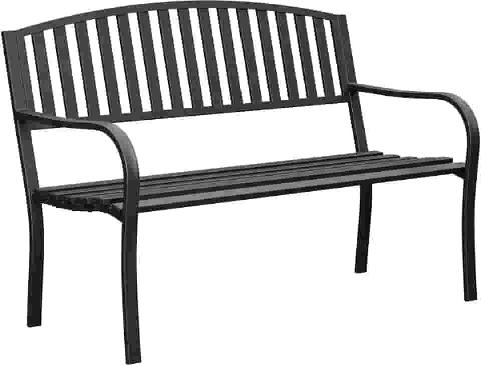 Banco de jardim resistente de 127 cm, banco de pátio com capacidade de 272 kg, estrutura de ferro forjado à prova de intempéries, banco externo com apoios de braço para parque, varanda