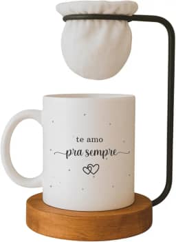 Kit Dia dos Namorados, Caneca ' Te Amo pra Sempre' com Mini Coador de Café, Base em Madeira