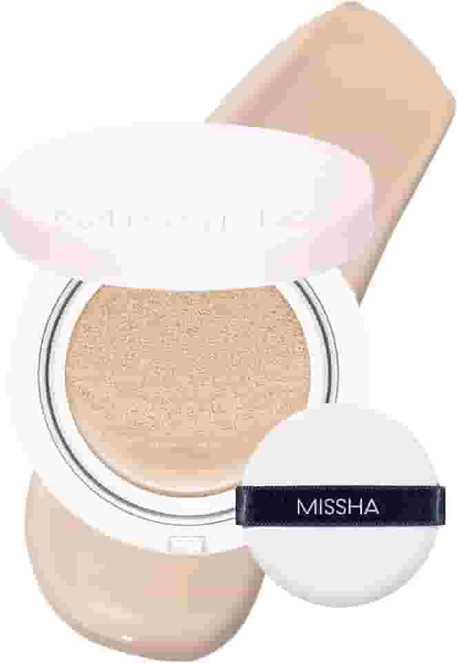 MISSHA Base Magic Cushion No. 21 bege claro para pele brilhante - cobertura perfeita, acabamento orvalhado, fácil aplicação para todos os tipos de pele