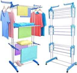 Varal de Chão Vertical Grande para Roupas 3 Andares em Aço Inox com Rodinhas, Retrátil, Reforçado, Dobrável, Regulável e com Suportes para Cabides - Super Compacto - Suporta até 40Kg de Roupas