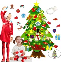 Árvore De Natal em Feltro com Luz de Led e 32 Enfeites - Decoração Natalina Infantil Para Criança Menino e Menina Brinquedo